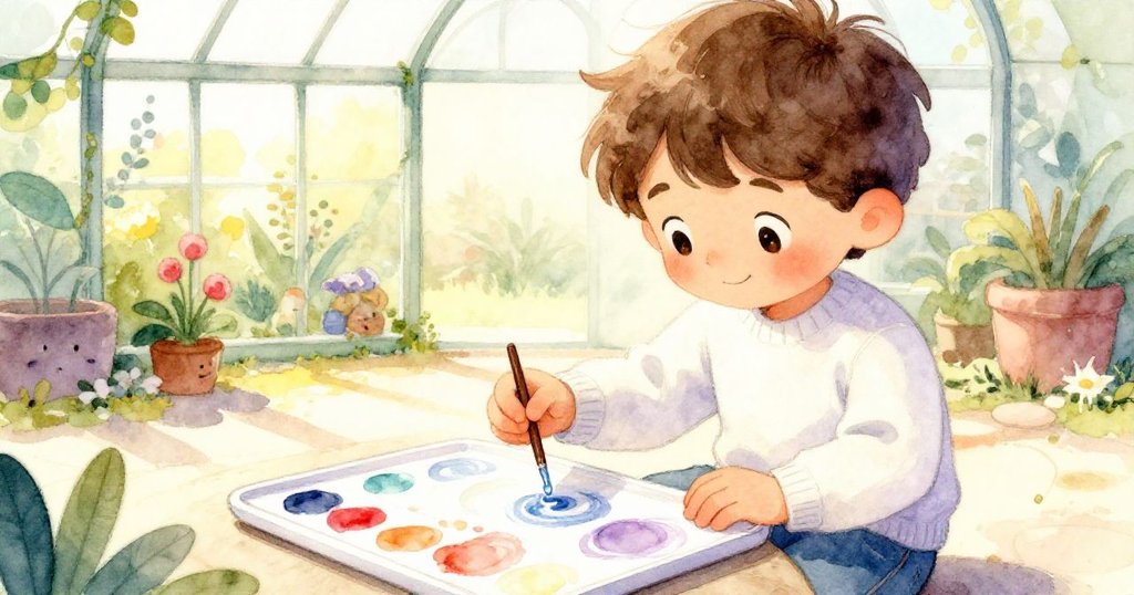 混亂過後，Theo 輕輕擦掉畫作上的水滴，臉上泛起柔和微笑，重新用筆描繪意外流動的色彩，溫室中陽光靜謐流淌。