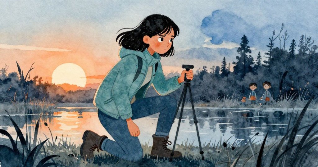 馬瑞絲在傾斜視角下於晨曦中跪在濕潤沼澤邊調整三腳架，充滿決心與好奇心探索自然。