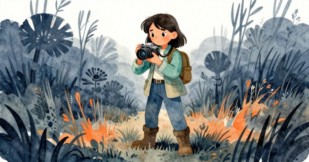 從低角度仰視馬瑞絲，她專注操作相機，廣闊沼澤與波光交錯的背景突顯英勇與堅定精神。