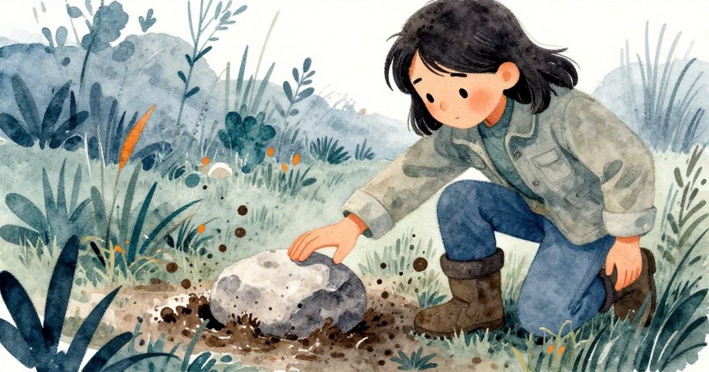 馬瑞絲蹲下時不小心碰到一塊石頭，激起細微泥沙，展示沼澤隱藏且精緻的生態互動。