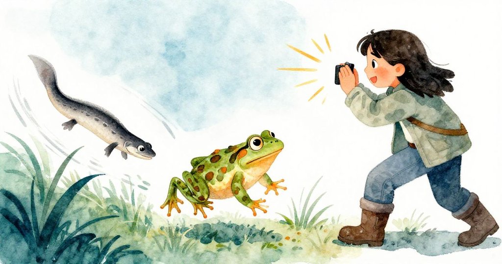 馬瑞絲興奮地拍下瞬間，銀鰻躍上綠草，小青蛙驚跳掀起水花，動感十足展現自然奧妙。