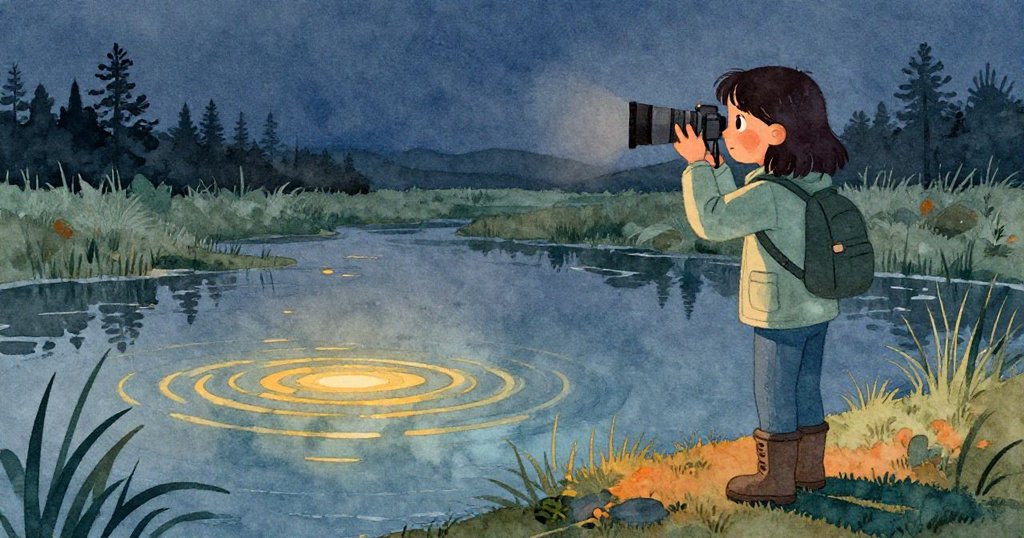 在傍晚金色光芒下，沼澤恢復平靜，馬瑞絲滿足地望著成功拍攝的自然生態，場景溫暖且安寧。