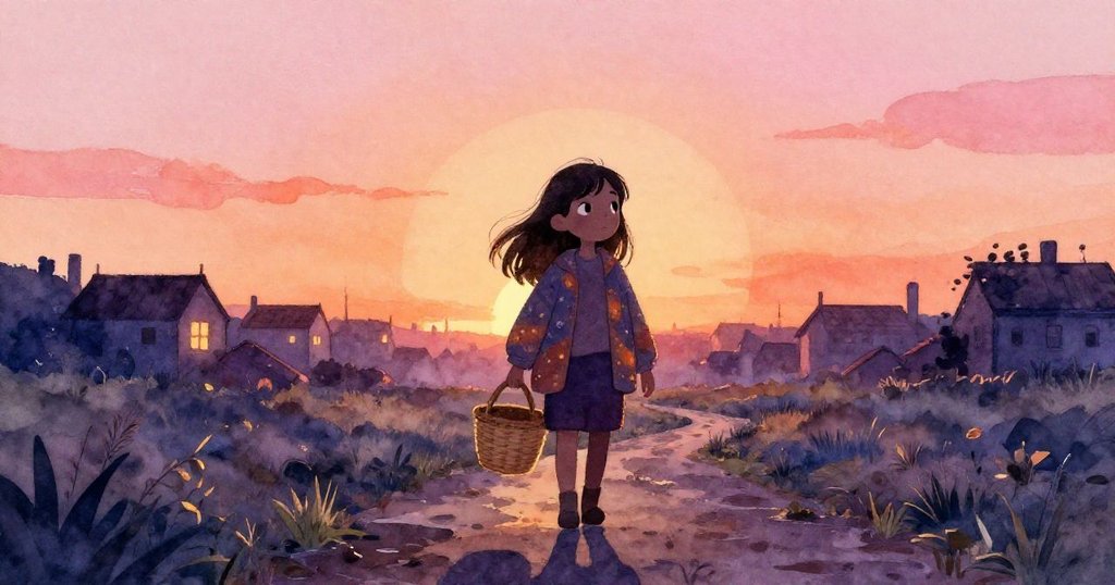 米拉在夕陽映照下的鄉間小路上前行，背著籃子，剪影中透露出堅定與期待，天邊燦爛暖色交織。