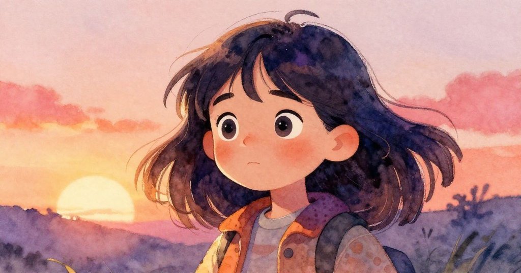 米拉近距離展現堅毅眼神，微風輕拂她的髮絲與傾斜的籃子，展現內心專注與決心的情緒。