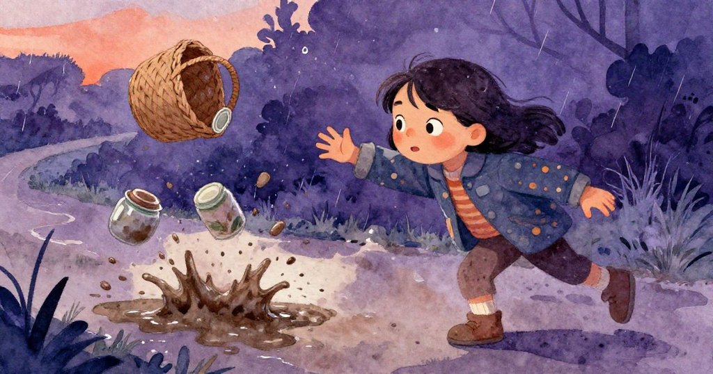 米拉在彎角處急忙伸手抓住因籃繩斷裂而翻滾的陶罐，斜拍畫面展現出緊張而動感的雨後情景。