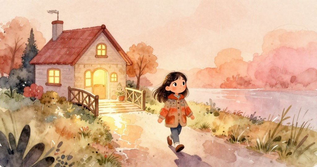 米拉沿著雨後濕滑的小徑前行，高處視角展現通往腳橋的小徑和透出溫暖燈光的小屋，營造出治愈的夜晚景致。