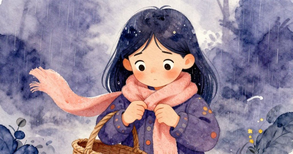 米拉在細雨中專注地用羊毛圍巾固定搖晃的籃子，神情緊張而堅定，雙手動作細膩充滿解決困境的決心。