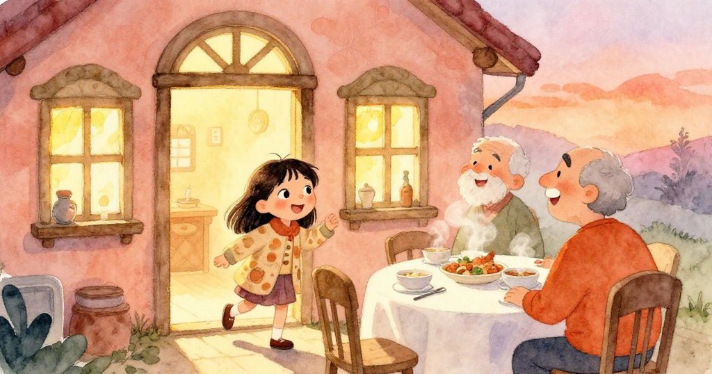 米拉走進溫馨小屋與叔叔相會，室內燈光溫暖，桌上冒著蒸氣的碗與窗外雨聲交織出團聚與喜悅的情境。