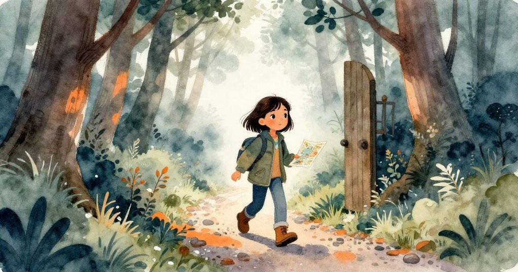 在晨霧籠罩的樹林邊緣，萊拉邁步走出泥石路，臉上充滿期待與好奇，展開她的生態冒險。