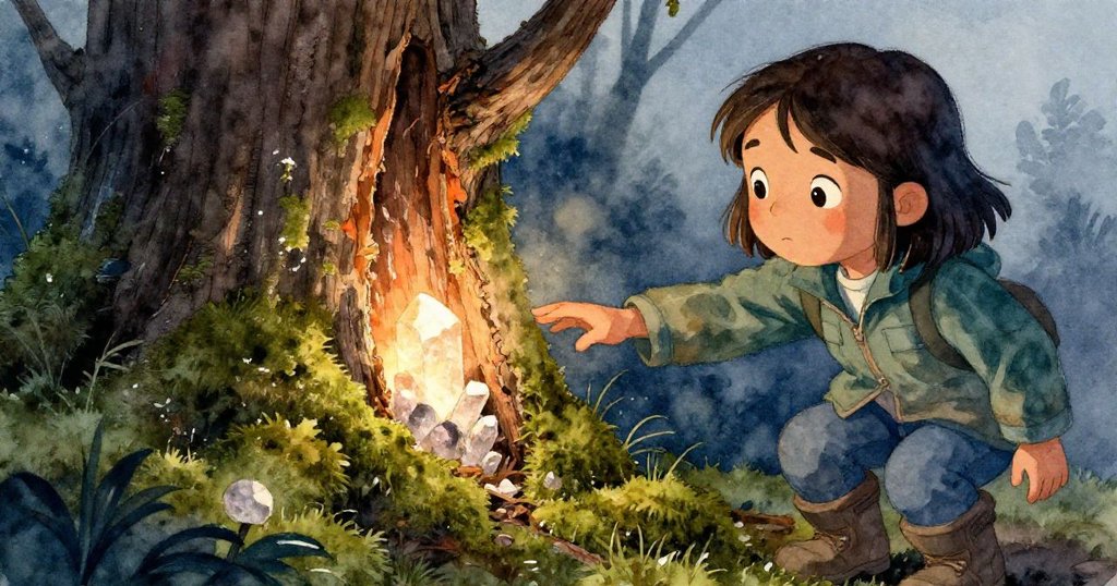 在樹皮紋理豐富的破損樹幹上，萊拉蹲下輕觸青苔間隱現的光芒碎石，神情專注而驚喜。