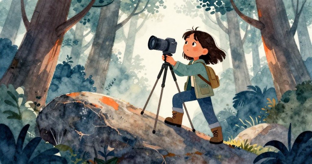 從低角度看，萊拉靠著巨石小心架設相機，神情堅毅，與森林雄偉景觀形成強烈對比。