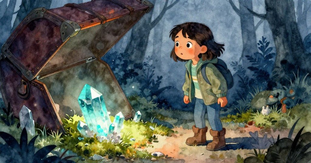 萊拉面對分裂現實，一邊是因樹幹遮蔽而昏暗的青苔，另一邊因瓊光映照而明亮，眼神充滿驚奇。