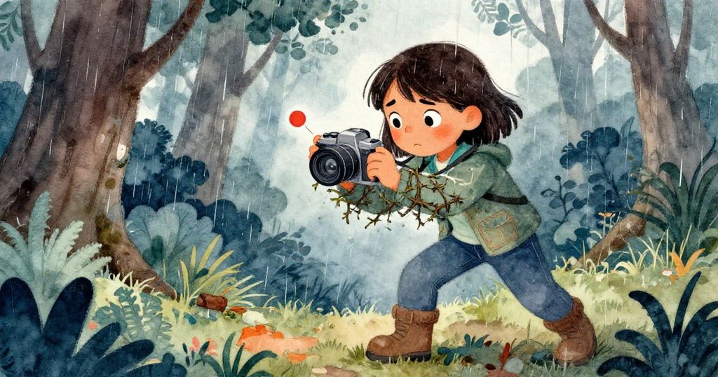 在淅瀝細雨中，萊拉努力解開纏繞在袖上的荊棘，並關注著閃紅電量警告的相機，表情中流露堅毅與焦急。