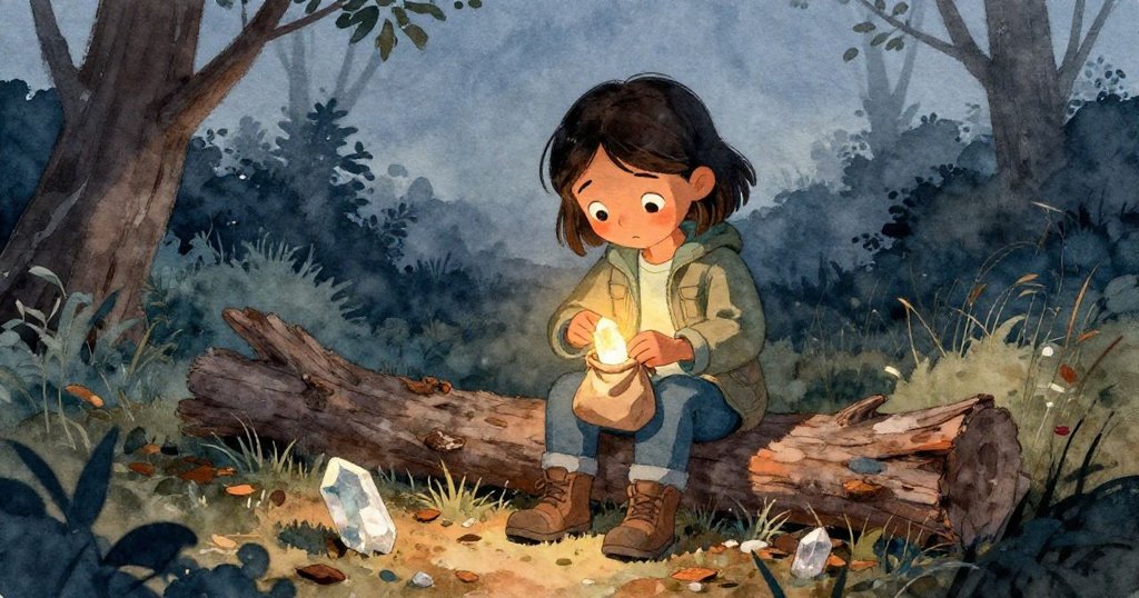 在柔和傍晚光影中，萊拉在寬闊林間空地上慎重收藏發光瓊光碎片，身形渺小卻充滿希望，展現探險結束的寧靜與成就。