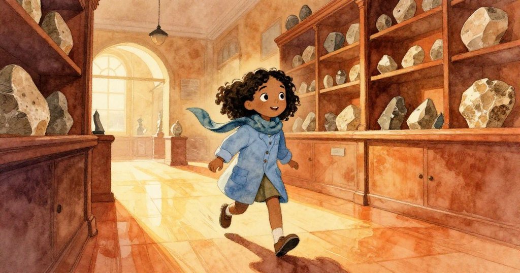 Maya早晨提著三腳架和筆記本走入空曠博物館大廳，臉上滿懷期待，周圍暖色光影映出古老展品與光澤地板。