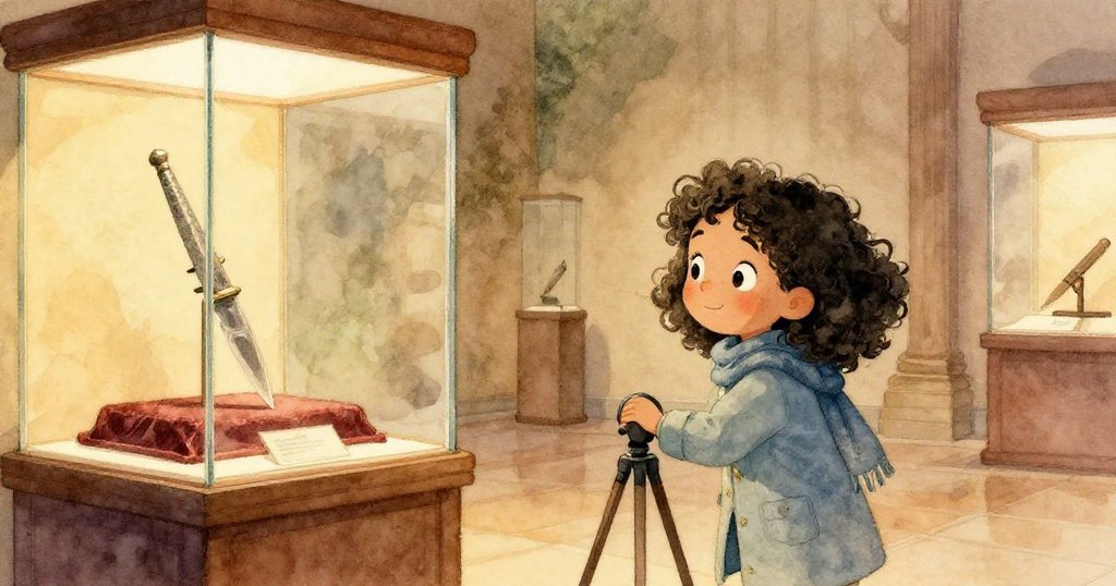 Maya專注地在玻璃櫃前設置三腳架，櫃中放著史前石刃，空曠大廳中充滿寧靜與細緻光影。