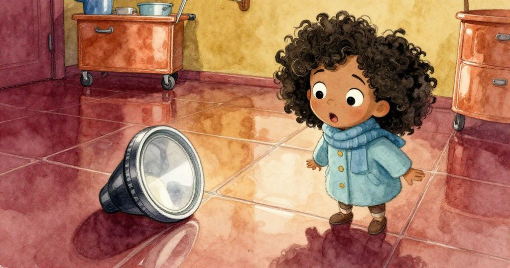 Maya驚訝地看著鏡頭蓋從口袋滑出，在亮麗瓷磚上輕觸玻璃櫃，清潔推車在背景中急速移動，場景充滿動感。