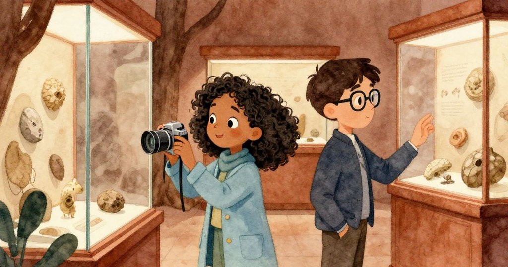 Maya與Leo分別在博物館轉接空間中探索展品，Maya調整相機捕捉細節，兩人目光專注，氛圍溫暖且充滿默契。