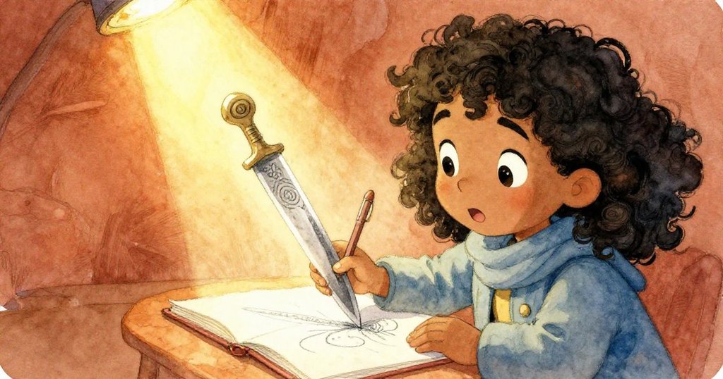 Maya專注驚奇地觀察石刃螺旋雕紋，迅速在筆記本上記錄下細節，臉上滿是驚嘆與熱情，細節生動感人。