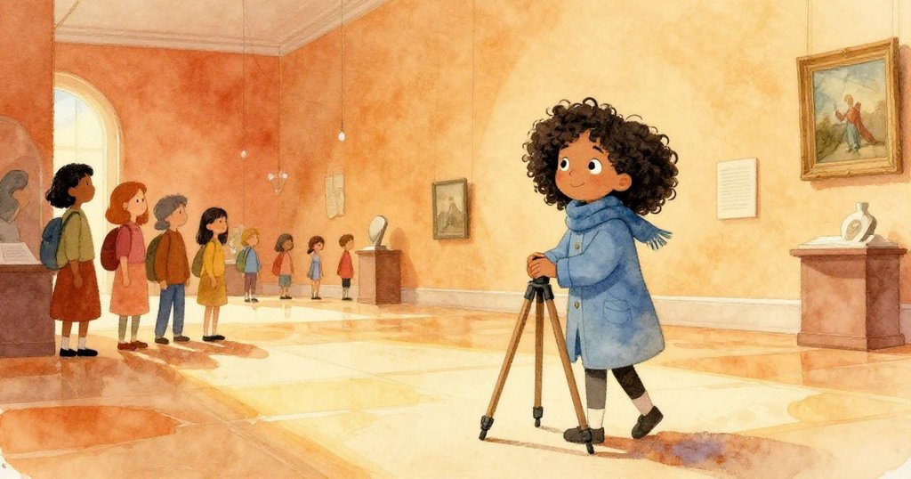 Maya整理好三腳架靜靜站在博物館大廳前，旅客陸續進入，晨光柔和灑落，展現出探索後的滿足與寧靜。