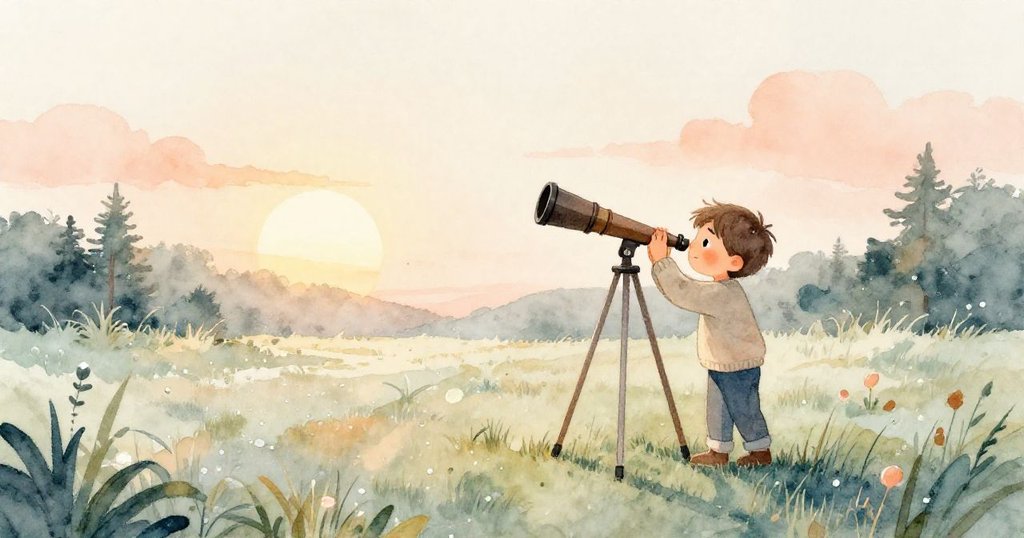 Riley在暮色草地上設置望遠鏡,露水閃爍,夕陽餘暉映照,眼神專注期待捕捉彗星。