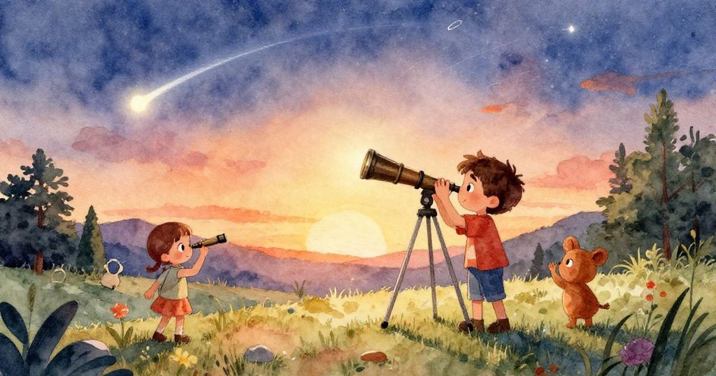 Riley專注用手調試望遠鏡鏡面,反射出粉紅晚霞,細膩展現儀器精密與溫柔光影。