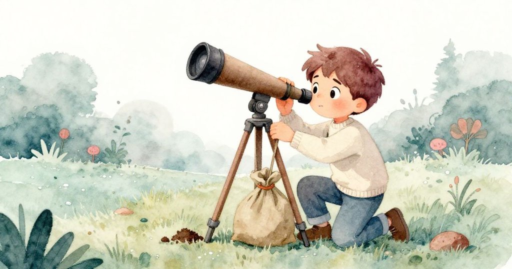 Riley在柔和暮光中蹲下給三腳架裝上土袋,動作專注解決設備抖動問題,背景細膩呈現草地與晚霞。