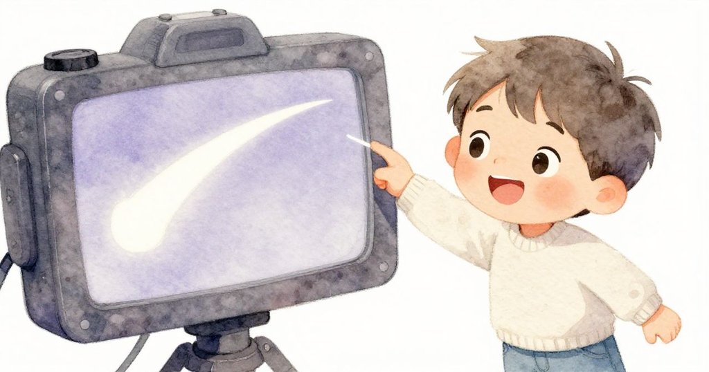 Riley驚喜看著相機螢幕上捕捉到的白色彗星軌跡,臉上滿是快樂與釋然,畫面充滿溫暖感。