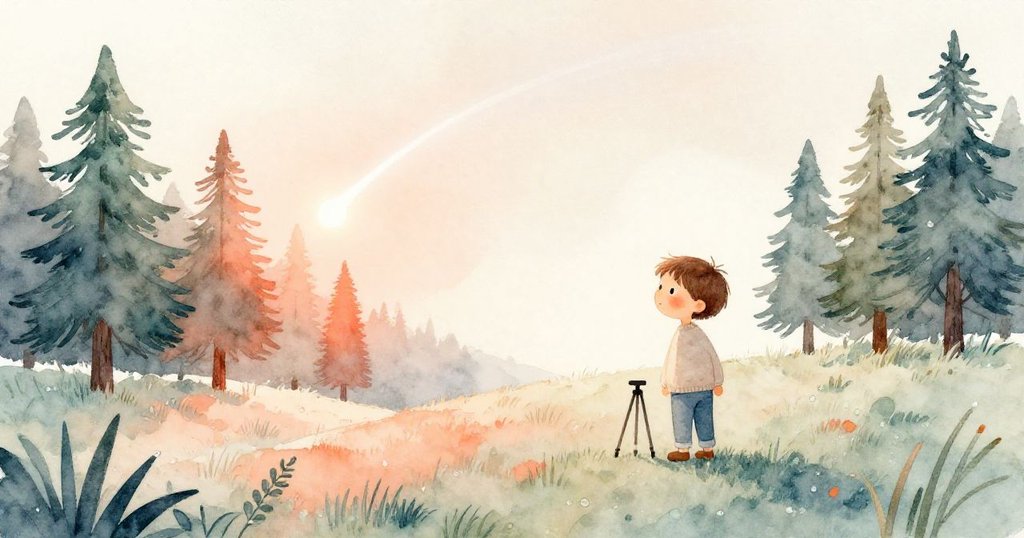 Riley的裝備靜立於草地上,彗星隱沒松樹後落幕,柔和橙光灑滿大地,充滿寧靜祥和之感。