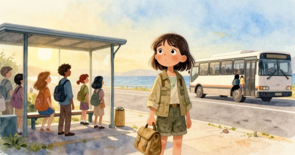 瑪拉在晨金色光芒中站在海邊巴士站,背著野外背包,看著遠去的巴士與人潮,滿懷期待與堅定。