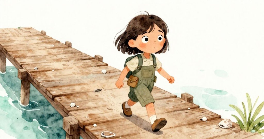 瑪拉踏著破舊木板,赤著腳踩著沙與碎貝,動作果斷,展現她克服潮汐阻礙的決心。