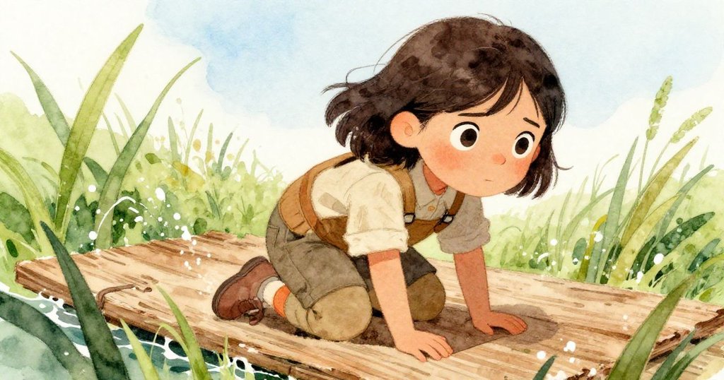 瑪拉跪在凹陷木板上,專注從現實中觀察海草與破板,她臉上流露專注與堅毅。