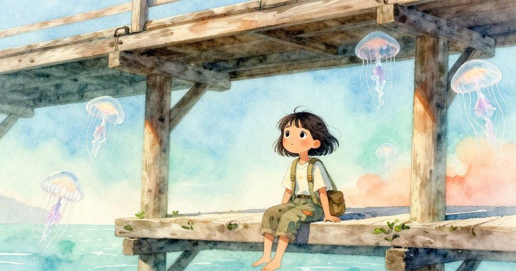 從高處俯瞰木碼頭下漂浮透明水母,瑪拉靜坐沉思,感受海灣寧靜與奇幻美景。