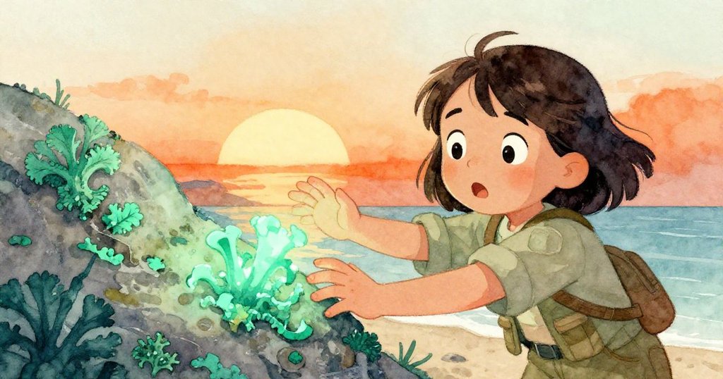 瑪拉驚喜凝視閃爍著翠綠光芒的海岸地衣,小心觸摸並將石板放入透明盒中,神情充滿驚嘆與專注。