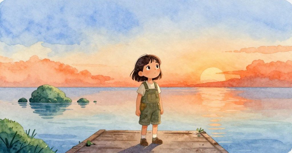 暮光映照下瑪拉站在潮退碼頭上,望向反射著暗影與青綠遠岩的海面,神情充滿希望與堅定未來。