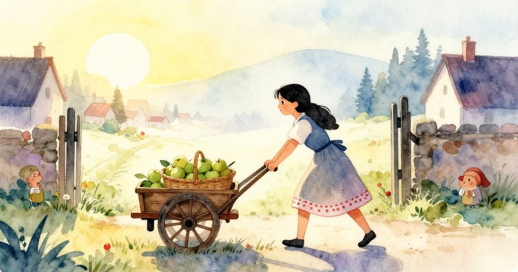 在黎明前，Nora提著編織籃推著木車，背景晨光與村莊輪廓交織，展現希望和期待的情境。