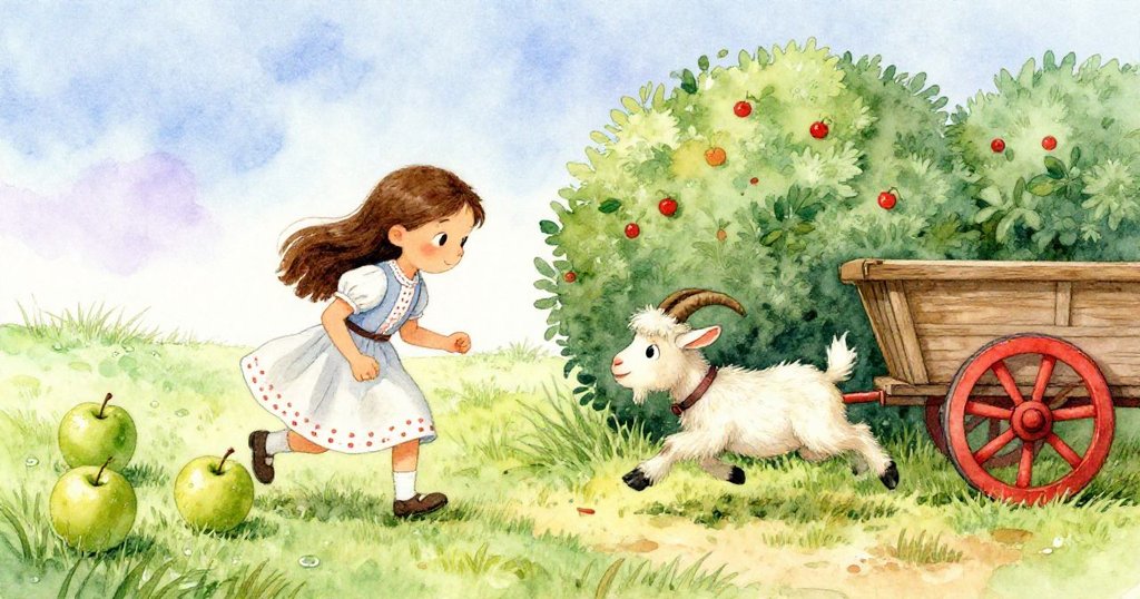 畫面分割展現蘋果在綠草上閃光滾動與好奇山羊從灌木中躍出撞向木車，呈現混亂與活力交織的瞬間。