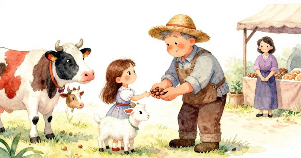 快樂農夫帶著牛與好奇山羊齊聚，給予榛果，Nora微笑協助，營造溫暖熱情的鄉村慶祝場面。