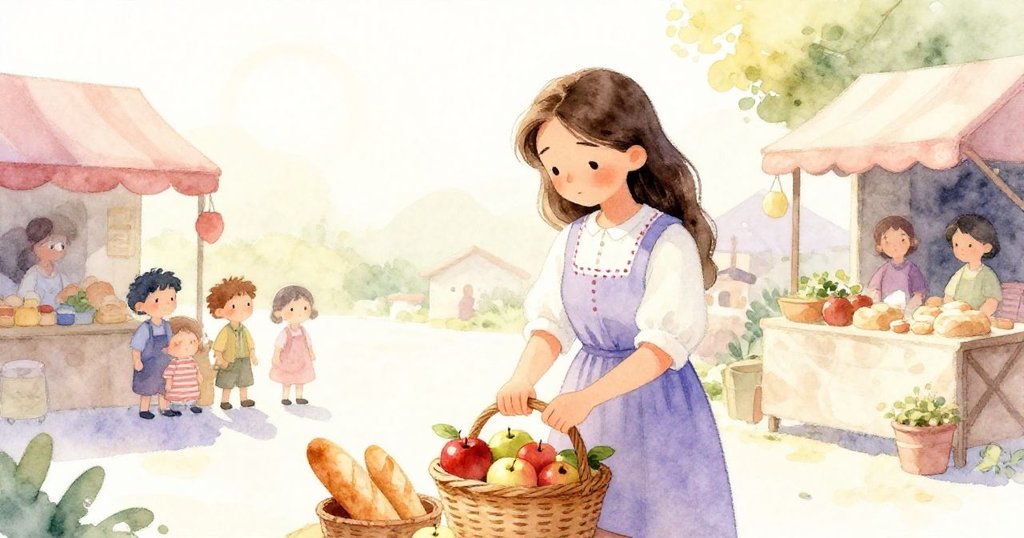 Nora將籃子放在市集新鮮麵包旁，晨光柔和灑落，展現出一種平靜和滿足的結局。