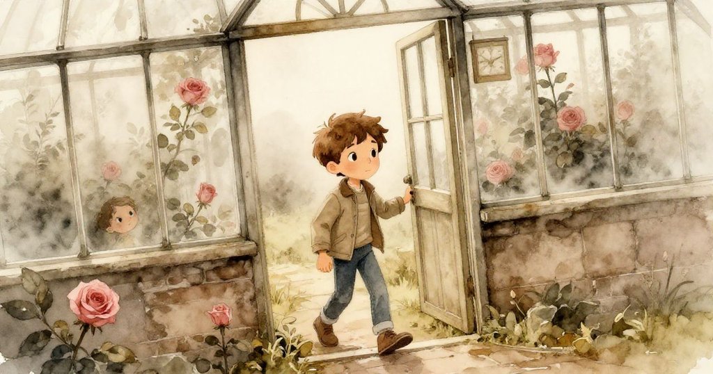 Milo 踏入溫室,清晨薄霧逐漸散開,石板與大門透露歲月痕跡,他滿懷期待展開新的冒險。