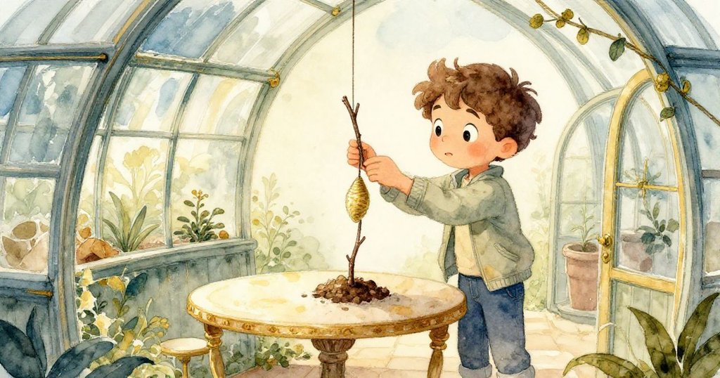 Milo調整桌上樹枝和蛹,輕柔動作展示初春溫室的溫馨細節,他眼神中散發著專注與期待。