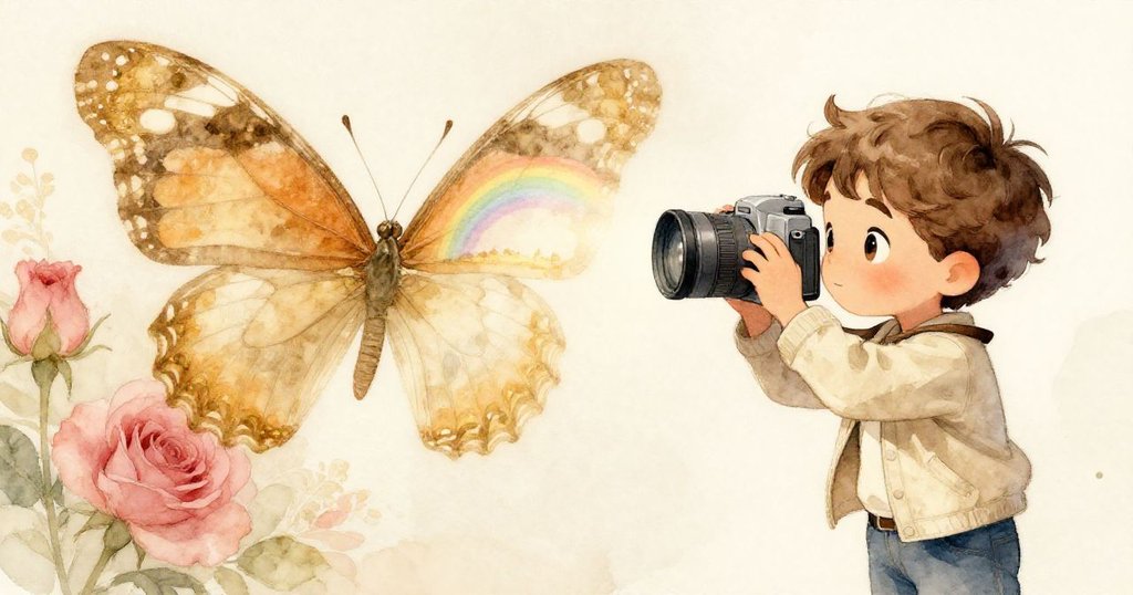Milo按下快門捕捉蝴蝶瞬間,其斑斕翅膀映出遠景彩虹,畫面交織真實與幻想,充滿驚奇。