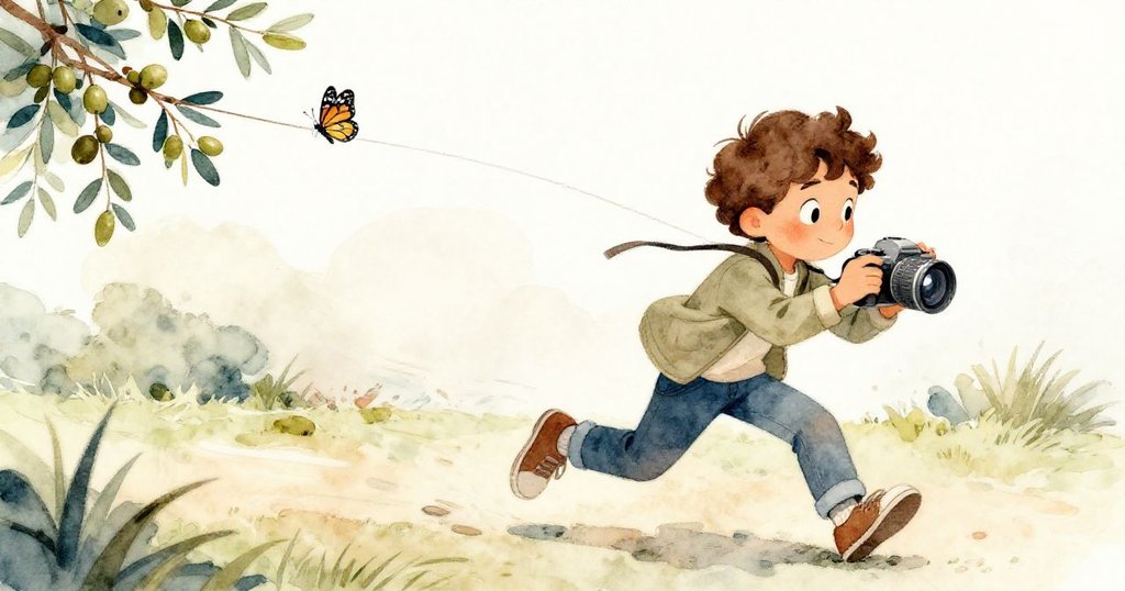 Milo緊張調整相機追逐掠過的蝴蝶,動態中流露專注與不捨錯過瞬間的焦慮。