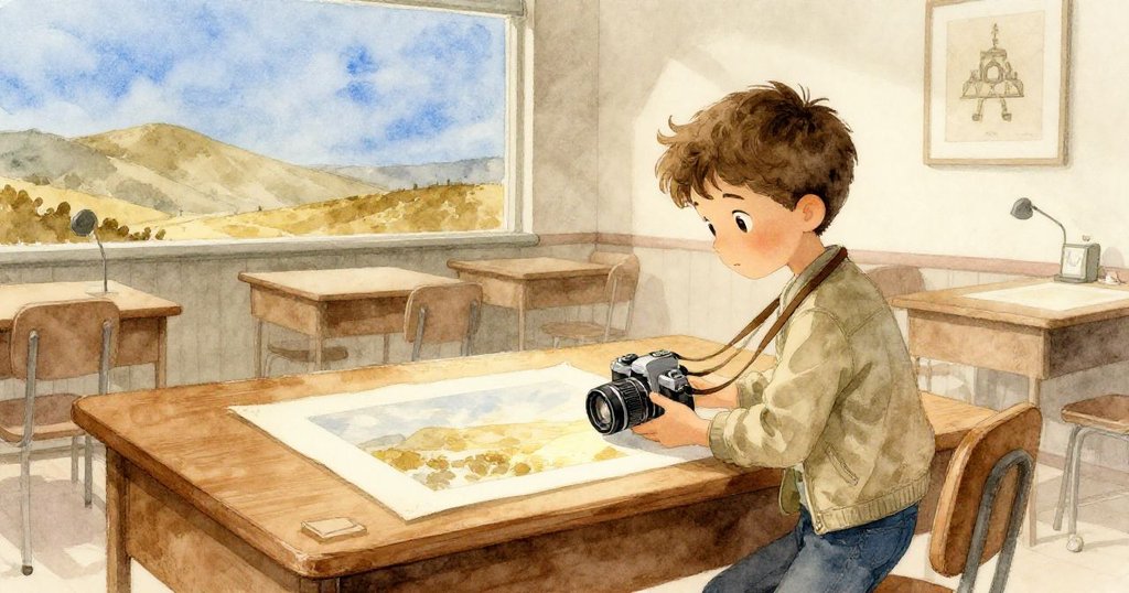 Milo於空曠媒體室中,將相機與發光照片並排,遠景映出山嶺藍天,充滿寧靜完成冒險的溫柔感。