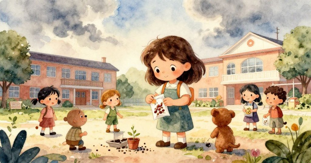 Mira的手正細心挖掘淺溝，灰塵隨著動作飛揚，豆種與土壤細節清晰呈現，充滿急切與創造力。