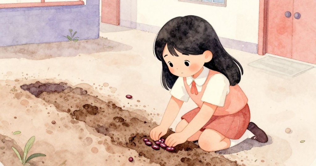 從高角度看見Mira跪在乾燥院子中，小心翼翼將豆種按入溝中，神情專注且略帶緊張，環境顯得空曠。