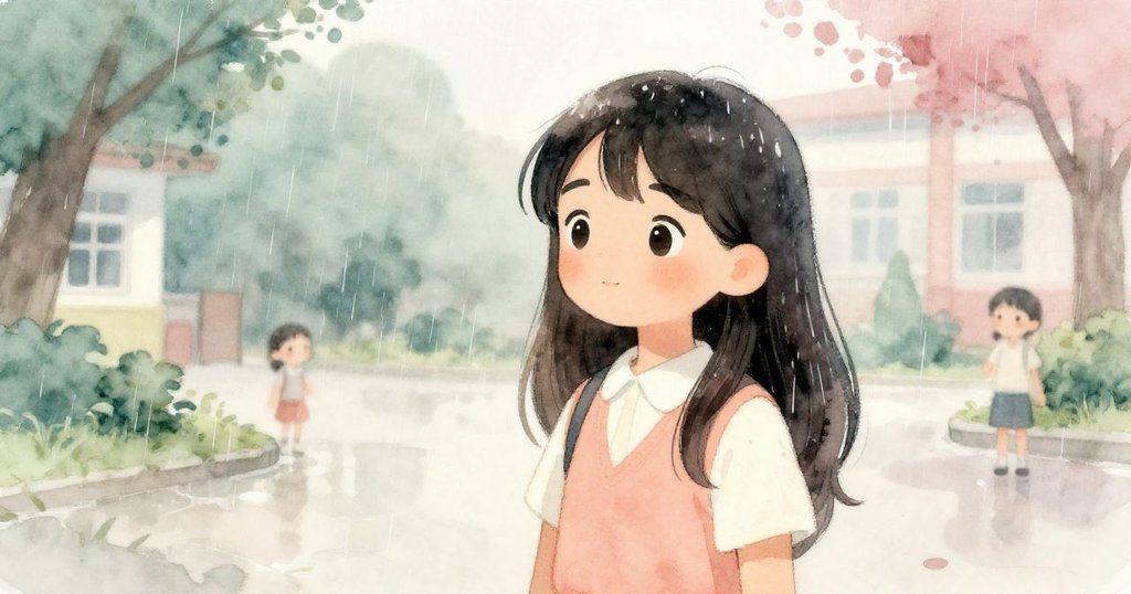 Mira在校園中感受輕柔雨滴灑落，臉上驚喜與柔和光感交織，空氣中瀰漫著雨水與泥土的清新氣息。