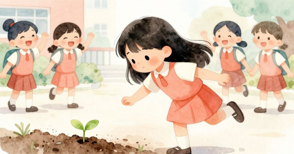 Mira驚喜中轉頭觀看剛出土的綠芽，背景中學生嬉笑奔跑，充滿活力與希望，動感場面令人振奮。