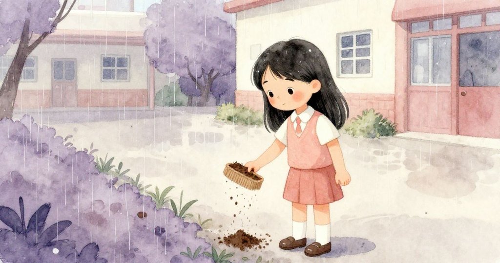 Mira在校園中靜靜欣賞雨後新植的土壤，輕輕拂去手上泥土，臉上帶著寧靜滿足，結束忙碌一天。