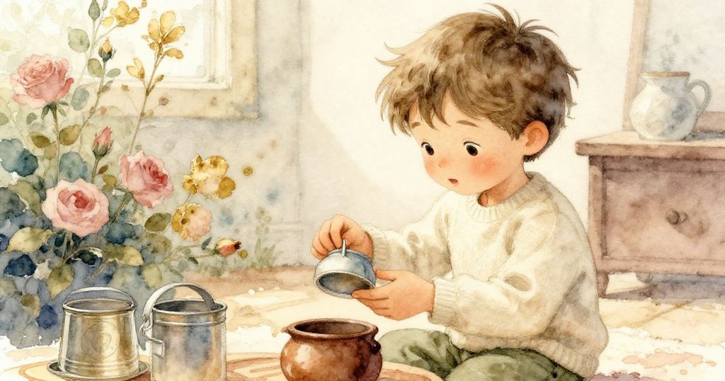 Alex在明亮窗邊仔細檢查小花盆和輕巧金屬罐，手法溫柔，眼中流露出對園藝的期待與關愛。